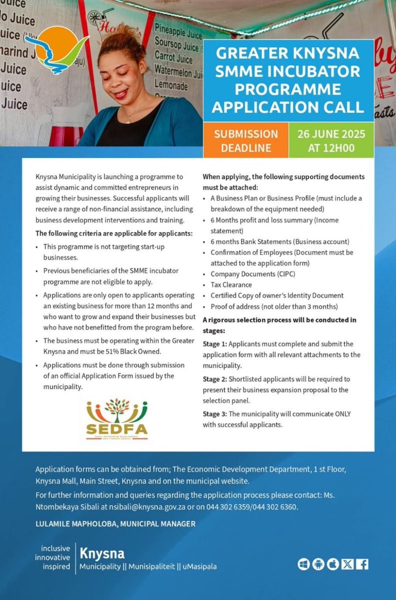 bridge_portal's tweet image. Knysna entrepreneurs! Apply for a business growth programme with training &amp;amp; support. Open to 12+ month Black-owned businesses. Apply by 26 June 2025.

Read More and Apply Now: innovationbridge.info/ibportal/conte…

#KnysnaBusiness #SMMEDevelopment #EntrepreneurshipSA #OpportunityKnysna
