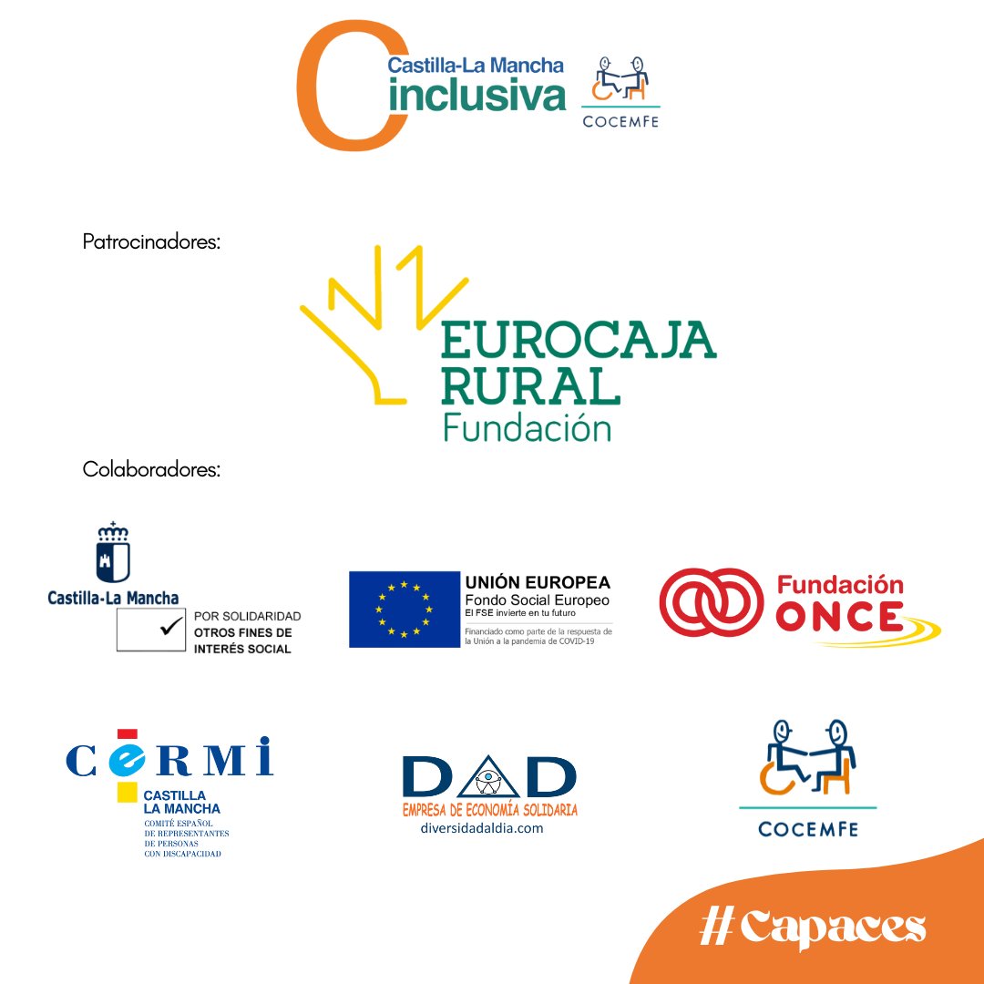 CLM Inclusiva COCEMFE (@clm_inclusiva) on Twitter photo 🥇 ¡Gracias a las entidades que hacen posible la III Gala #Capaces!
💚 Especial mención a <a href="/FundacionECR/">Fundación Eurocaja Rural</a> por su compromiso con la discapacidad.
🤝 Gracias <a href="/gobjccm/">Gobierno de Castilla-La Mancha</a> <a href="/Fundacion_ONCE/">Fundación ONCE</a> Unión Europea – Fondo Social Europeo <a href="/CERMICLM/">CERMI CLM</a> Diversidad al Día <a href="/COCEMFEnacional/">COCEMFE</a> 🥇 ¡Gracias a las entidades que hacen posible la III Gala #Capaces!
💚 Especial mención a <a href="/FundacionECR/">Fundación Eurocaja Rural</a> por su compromiso con la discapacidad.
🤝 Gracias <a href="/gobjccm/">Gobierno de Castilla-La Mancha</a> <a href="/Fundacion_ONCE/">Fundación ONCE</a> Unión Europea – Fondo Social Europeo <a href="/CERMICLM/">CERMI CLM</a> Diversidad al Día <a href="/COCEMFEnacional/">COCEMFE</a>