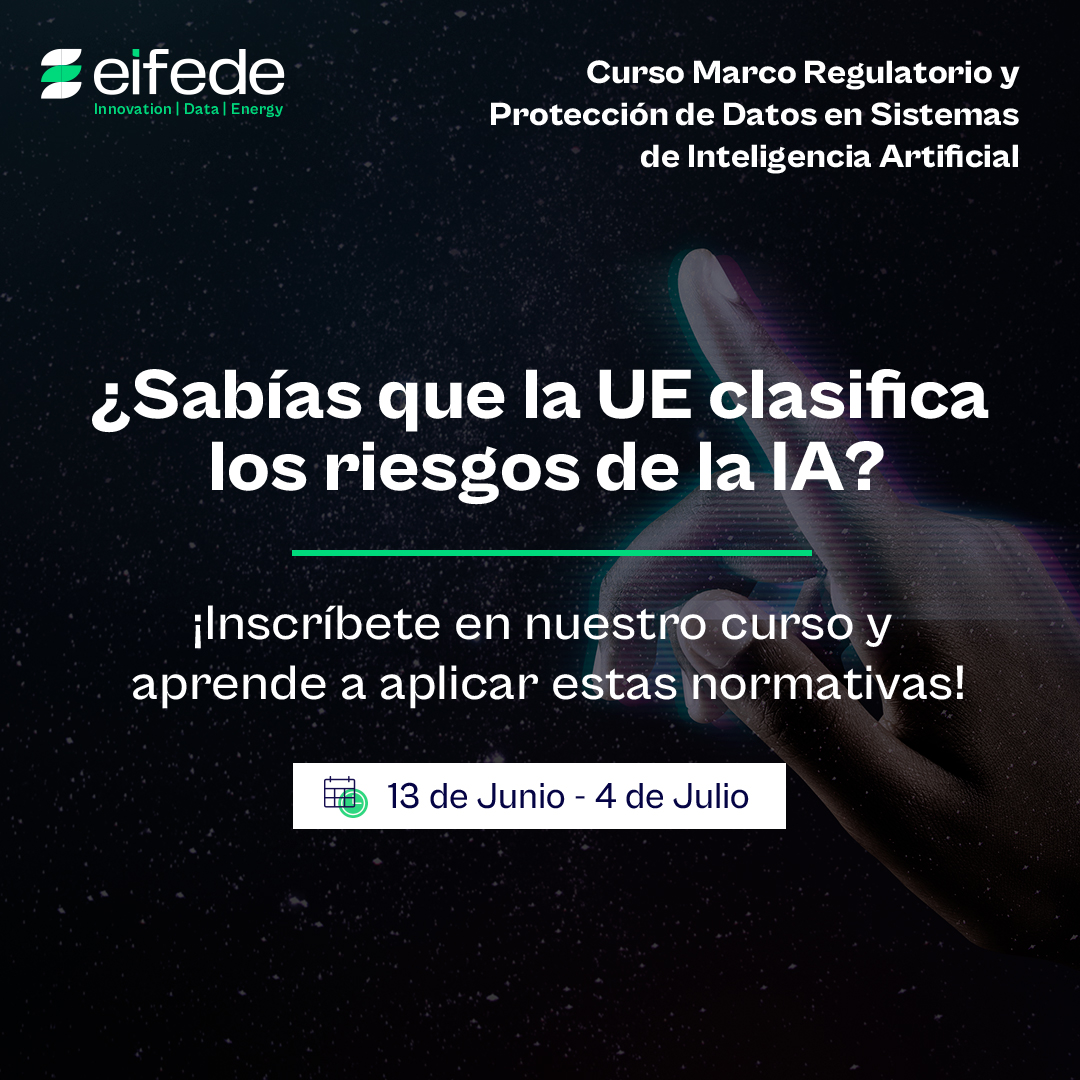 ¿Sabías que la UE clasifica los riesgos de la IA? 🌍
Desde "riesgo inaceptable" hasta "mínimo", esta clasificación es clave para usar la #IA de forma ética y segura.
🔑 Inscríbete en nuestro curso y aprende a aplicar estas normativas: bit.ly/3ZdA0FL
📅  Del 13/06 al 4/07