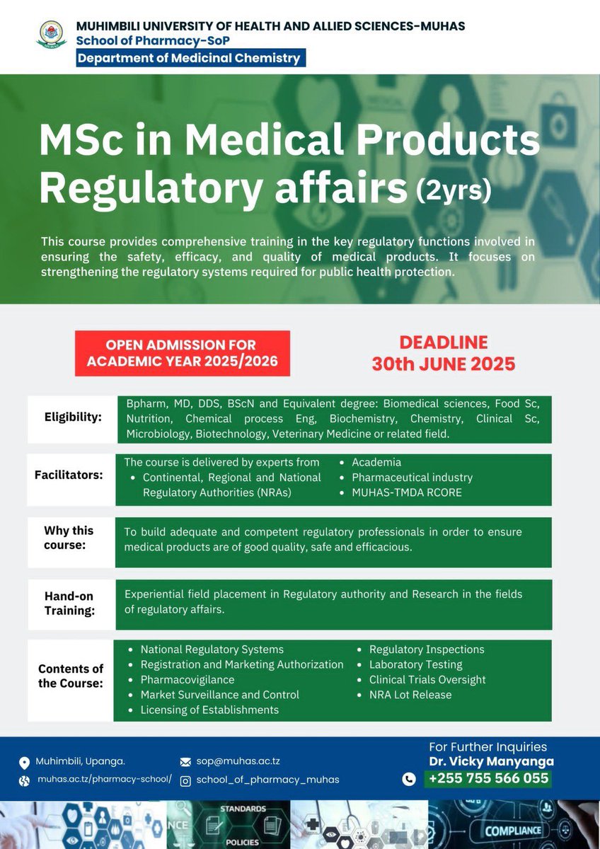 Tumaini MAKOLE (@tumainimakole) on Twitter photo New Masters program at School of Pharmacy - MUHAS <a href="/muhimbiliuniver/">Muhimbili University</a>.
If you’re interested in Regulatory Affairs, this is for you!
RT| Share New Masters program at School of Pharmacy - MUHAS <a href="/muhimbiliuniver/">Muhimbili University</a>.
If you’re interested in Regulatory Affairs, this is for you!
RT| Share