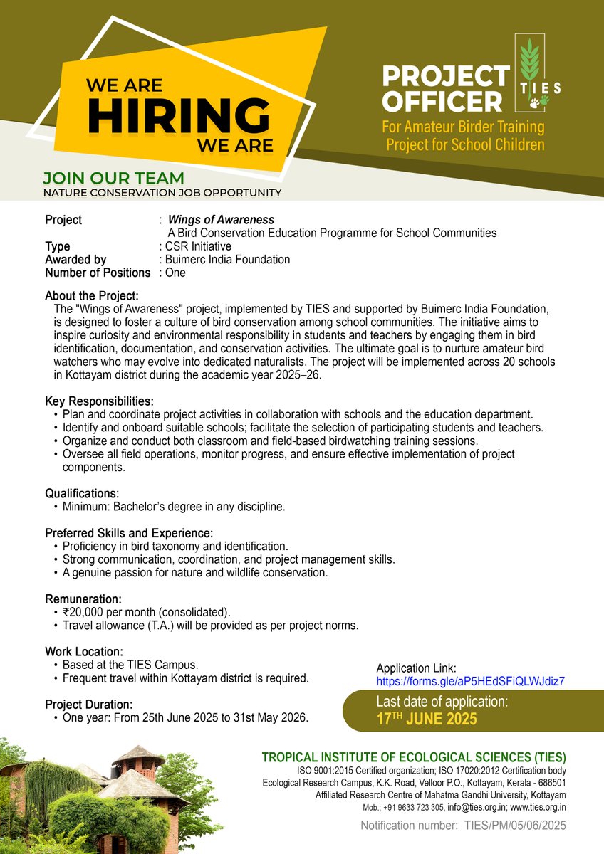 *Project Officer Vacancy at TIES*

Apply Now: forms.gle/aP5HEdSFiQLWJd…

#TIESinstitute #vacancy #career #projectofficer #csrprojects #kottayam #kerala #hiring #wingsofawareness