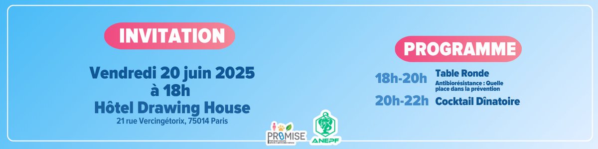 PROMISE - Professional community network on AMR (@projetpromise) on Twitter photo 📢 Étudiants, professionnels de santé et autres acteurs engagés...
👉<a href="/Pharma_ANEPF/">ANEPF Pharmacie</a> organise un 𝗮𝗳𝘁𝗲𝗿𝘄𝗼𝗿𝗸 consacré à l'#antibiorésistance et aux enjeux de prévention le 20 juin à partir de 18h à Paris ❗️
➡️ Inscription gratuite mais obligatoire : docs.google.com/forms/d/e/1FAI… 📢 Étudiants, professionnels de santé et autres acteurs engagés...
👉<a href="/Pharma_ANEPF/">ANEPF Pharmacie</a> organise un 𝗮𝗳𝘁𝗲𝗿𝘄𝗼𝗿𝗸 consacré à l'#antibiorésistance et aux enjeux de prévention le 20 juin à partir de 18h à Paris ❗️
➡️ Inscription gratuite mais obligatoire : docs.google.com/forms/d/e/1FAI…