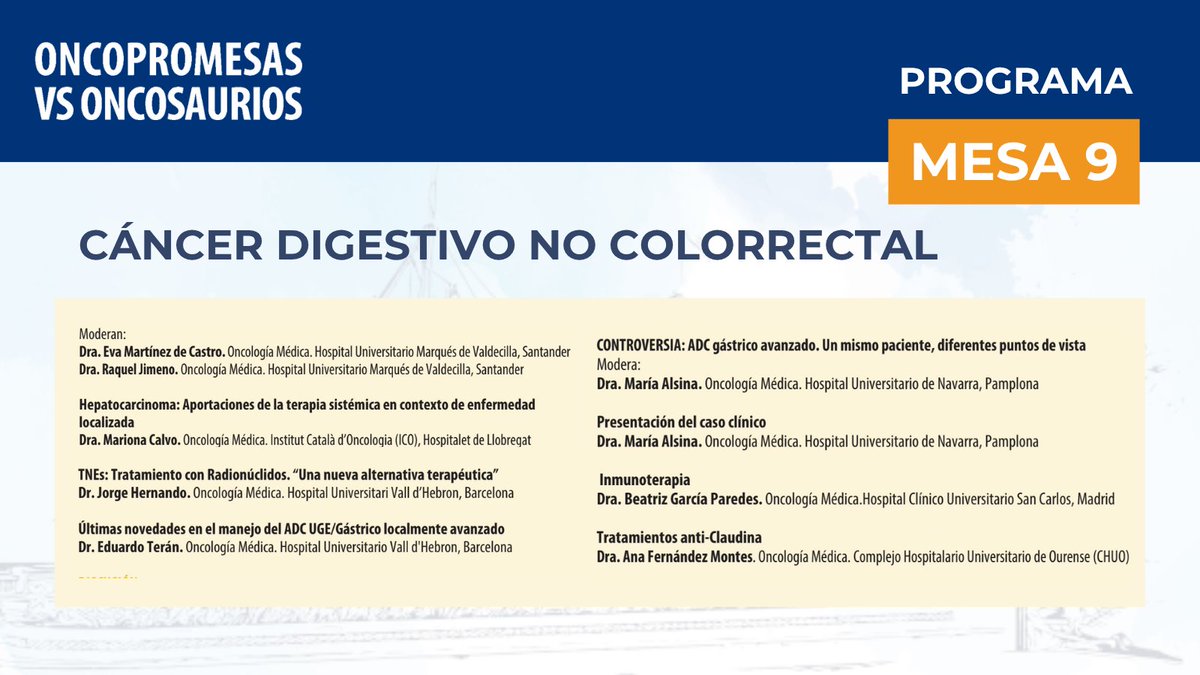 oncopromesas vs oncosaurios (@oncopromesas) on Twitter photo 🧬 En #PromesasVsSaurios, MESA 9: cáncer digestivo no colorrectal
▶️ Hepatocarcinoma
▶️ TNEs y radionúclidos
▶️ ADC gástrico local/avanzado
Con <a href="/CalvoMariona/">Mariona</a> @JHernando_Onco <a href="/EduardoTB94/">Eduardo Terán</a> <a href="/afm1003/">Ana Fernández Montes, MD,Phd</a>
🎟️ Inscríbete, última oportunidad: oncopromesas-oncosaurios.com 🧬 En #PromesasVsSaurios, MESA 9: cáncer digestivo no colorrectal
▶️ Hepatocarcinoma
▶️ TNEs y radionúclidos
▶️ ADC gástrico local/avanzado
Con <a href="/CalvoMariona/">Mariona</a> @JHernando_Onco <a href="/EduardoTB94/">Eduardo Terán</a> <a href="/afm1003/">Ana Fernández Montes, MD,Phd</a>
🎟️ Inscríbete, última oportunidad: oncopromesas-oncosaurios.com