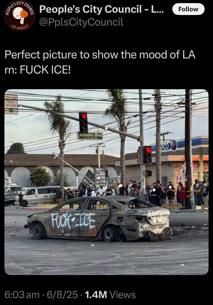 MrAndyNgo's tweet photo. One of the far-left extremist accounts on this platform inciting violence in the Los Angeles insurrection is @pplscitycouncil (https://t.co/upXY3Bh7jJ). 

It played an active role in 2020 for agitating criminal violence and has been trying for years to incite more killings. It fundraises money on @Patreon using "therobinsonspace" and has not been suspended by @Safety.

cc: @elonmusk