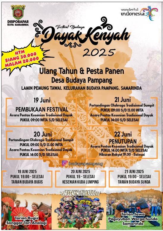 SamarindaUpdate's tweet photo. Bergabunglah dalam kemeriahan Festival Budaya Dayak Kenyah 2025 di Desa Budaya Pampang, Samarinda! 

Acara ini akan memperingati Ulang Tahun dan Pesta Panen dengan berbagai atraksi budaya menarik. Mulai 19-22 Juni 2025, nikmati pertandingan olahraga tradisional seperti lomba sumpit, acara pentas kesenian Dayak, dan hiburan tari budaya dari berbagai daerah seperti Bugis, Sunda, dan Jawa. 

 Ikuti kami di @budayapampang untuk info lebih lanjut. 

Ayo, rayakan kekayaan budaya bersama! #FestivalDayakKenyah2025 #BudayaPampang #WonderfulIndonesia