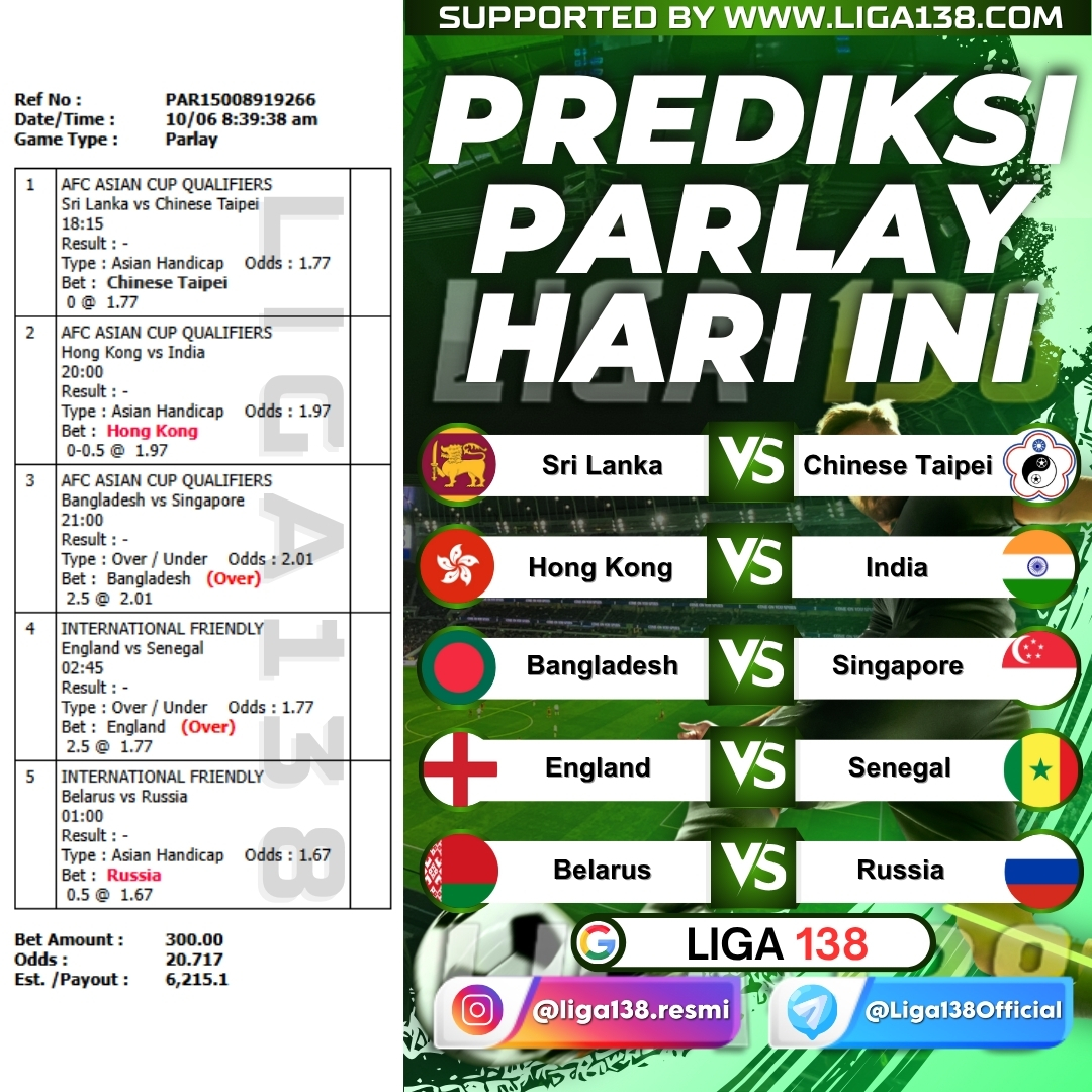 ofc_liga138's tweet photo. Prediksi Parlay Hari ini - Liga138 Tipster π₯
1) Lose 1 (DAPAT 3X MODAL)
2) Full Win (DAPAT 600K)
3) Winstrike (DAPAT 1JT)
4) WIN O/U (DAPAT 5JT)
#tipsterbola #liga138 #mixparlay #tipster #parlay #liga138parlay #prediksibola #prediksiparlay #mixparlaytips #tipsparlay https://t.co/f4BxTc39rm