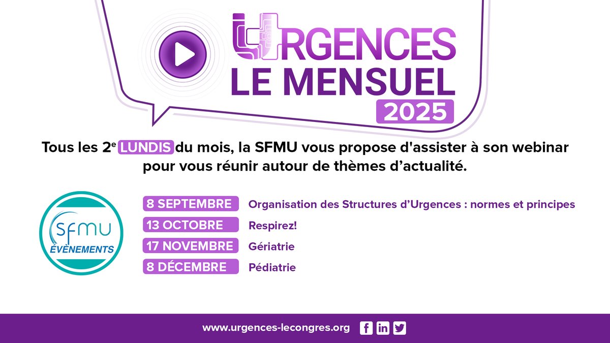 🚨 Les #Webinaires Urgences Le Mensuel de la #SFMU : Ne manquez pas les prochaines dates !

🟣 #43 : Organisation des structures d'Urgences : normes et principes

🟣 #44 : Respirez !

🟣 #45 : Gériatrie

🟣 #46 : Pédiatrie – Winter is coming !

👉 urgences-lecongres.org/les-evenements…