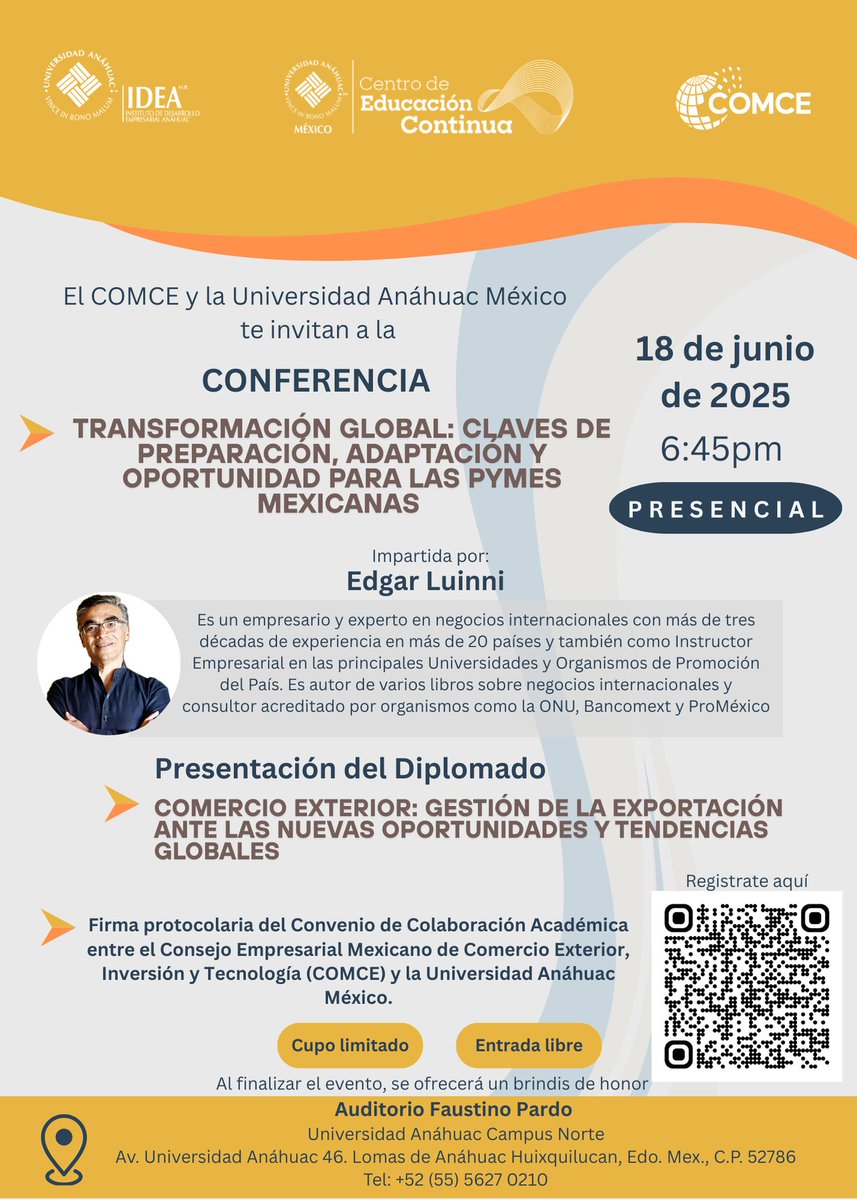 ¡El día se acerca! ⏱️

🎯PyMEs mexicanas: prepárense para el futuro global
Conferencia con Edgar Luinni sobre adaptación y oportunidades internacionales.
📅18 junio
🕕18:45 h
📍Univ. Anáhuac Norte

🥂Brindis final |  🎟 Entrada libre
Regístrate: bit.ly/3SF25Cd