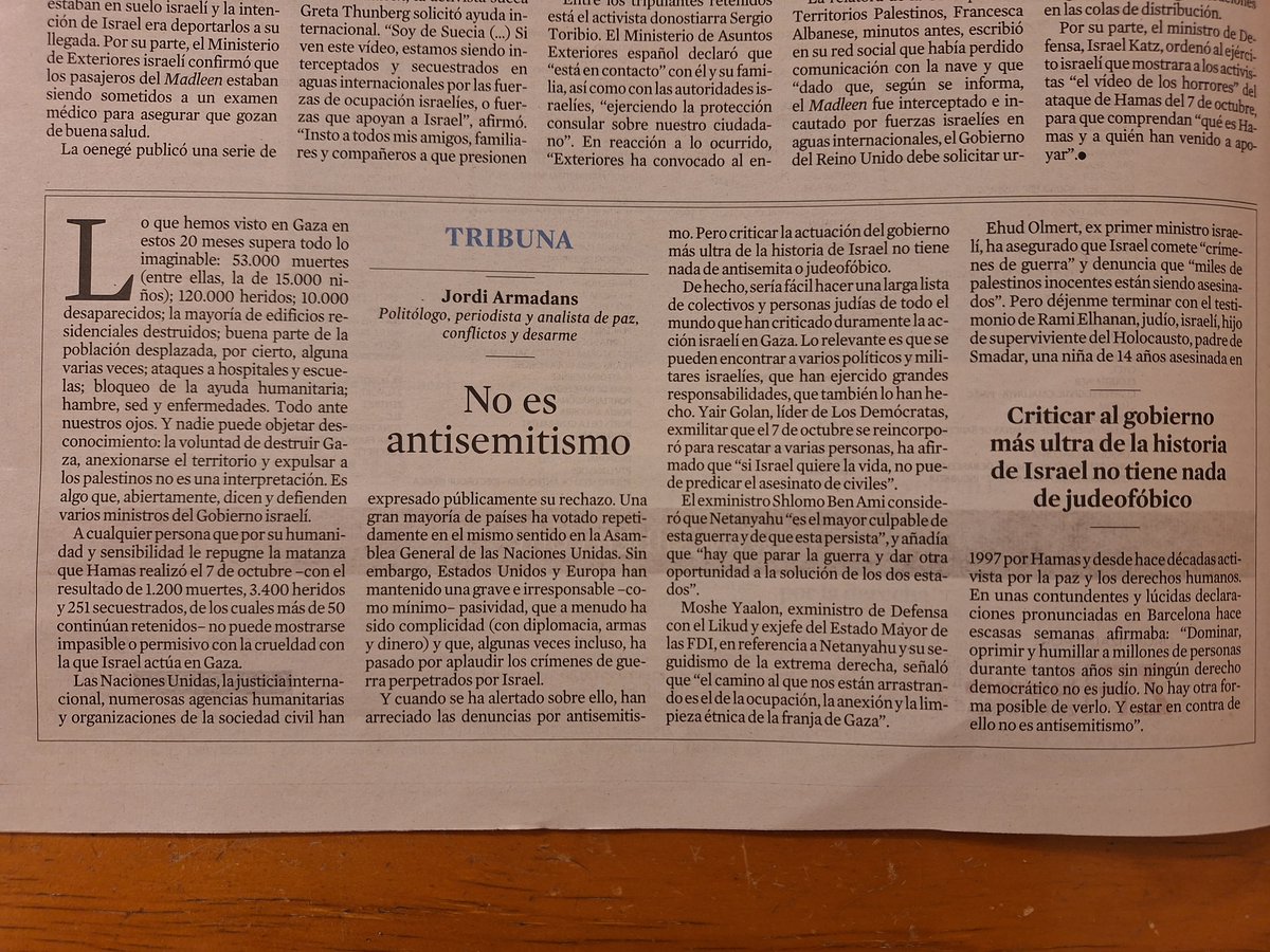 Jueus d'arreu, ONG israelianes i militars i polítics que han exercit càrrecs molt rellevants a Israel critiquen Netanyahu.  

No, exigir la fi de la barbàrie a Gaza no és antisemita.   És tenir una mica d'humanitat.  

Avui publico això a La Vanguardia.

lavanguardia.com/internacional/…