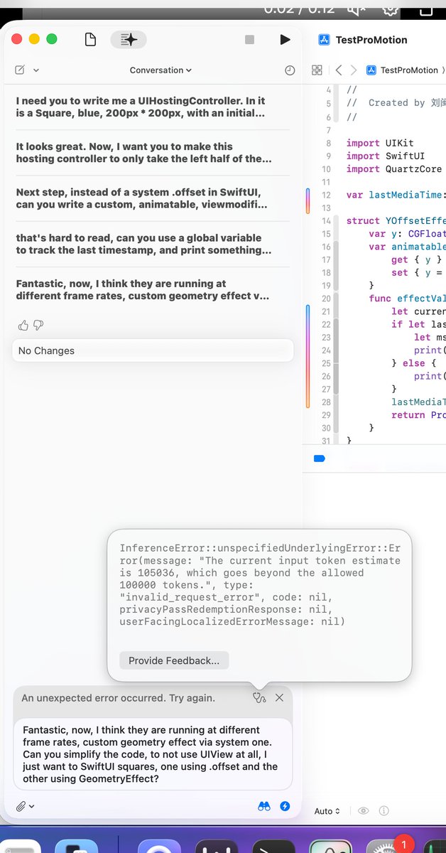 Four turns and ChatGPT hit token limit? Based on the context window, this is probably 4.1. Never really used them, but they do a plan before code generation. Is this ChatGPT or Apple's prompt? #WWDC25