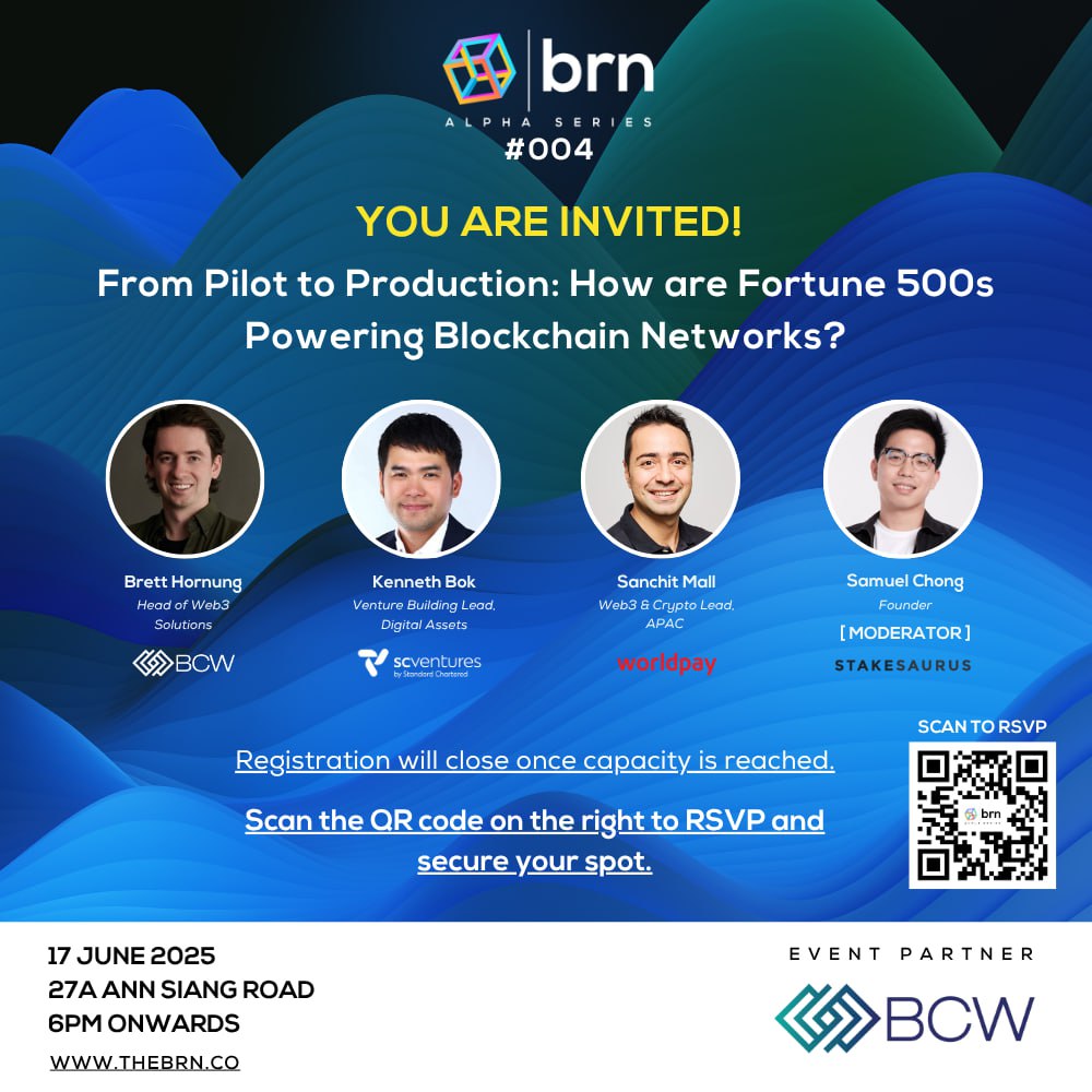 We are excited to partner with <a href="/thebrn_co/">BRN (Blockhead Research Network)</a>  for "From Pilot to Production: How Are Fortune 500s Powering Blockchain Networks?"

Join our Head of Web3 Solutions, <a href="/bretthornung/">brett</a> , on an expert panel to discuss real-world blockchain adoption.
🗓️ 17 June 2025 | 6 PM 📍 27A Ann Siang