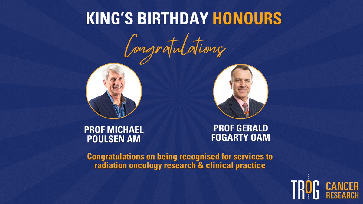 TROG Cancer Research (@trogfightcancer) on Twitter photo Congratulations to TROG Members Prof Michael Poulsen AM & Prof Gerald Fogarty OAM <a href="/IconCancerCtre/">Icon Cancer Centre</a> whose contributions to radiation oncology research & practice were recognised with King's Birthday Honours this week. Well-deserved honours 🎖️ Congratulations to TROG Members Prof Michael Poulsen AM & Prof Gerald Fogarty OAM <a href="/IconCancerCtre/">Icon Cancer Centre</a> whose contributions to radiation oncology research & practice were recognised with King's Birthday Honours this week. Well-deserved honours 🎖️