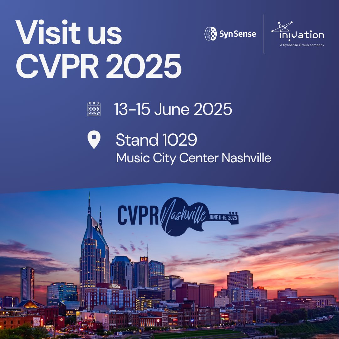 Visit <a href="/SynSenseNeuro/">SynSense</a> &amp; @_iniVation at #CVPR2025 from 13–15 June in Nashville!
Explore the future of vision for consumer electronics &amp; machine vision.
Don’t miss Dr @Kynan_Eng at the Event-based Vision Workshop on 12 June.
tub-rip.github.io/eventvision202…

#Neuromorphic #ComputerVision