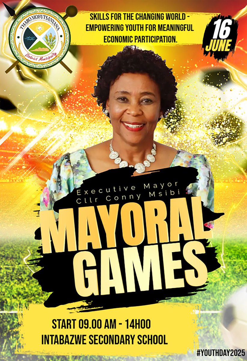 #TeamTMDM 🤾‍♀️🏟️⚽ THABO MOFUTSANYANA DISTRICT MUNICIPALITY MAYORAL GAMES 2025🎯 

⏰09H00am - 14h00pm
🏛️Intabazwe Secondary School 
🗓️16 June 2025

#districtthatworksforall #G20 #workingtogether #LeaveNoOneBehind #YouthMonth2025 #YouthDay2025