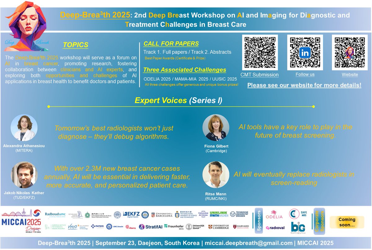 ODELIA Project (@odelia_ai) on Twitter photo π£ Join us at #DeepBreath2025 on Sept 23 at #MICCAI2025 π°π·!
Weβre launching our Expert Voices series - insights from top clinicians & researchers on AI in breast cancer care.
π Submit your work: deep-breath-miccai.github.io/deepbreath-202β¦
#AI #BreastCancer #MedicalImaging #EUfunded π£ Join us at #DeepBreath2025 on Sept 23 at #MICCAI2025 π°π·!
Weβre launching our Expert Voices series - insights from top clinicians & researchers on AI in breast cancer care.
π Submit your work: deep-breath-miccai.github.io/deepbreath-202β¦
#AI #BreastCancer #MedicalImaging #EUfunded