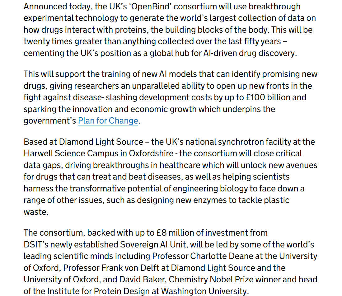 🚨Excited to announce that the Sovereign AI Unit is investing £8m in OpenBind: building the world's largest protein-ligand dataset.

Backed by a top UK consortium, inc. Isomorphic Labs and Nobel Laureate David Baker, this will help the UK become the home for AI drug design 1/6🧵