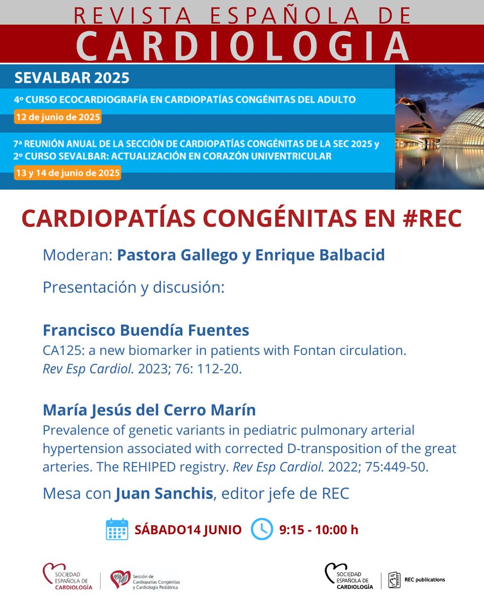 REC Publications (@revespcardiol) on Twitter photo 📍<a href="/RevEspCardiol/">REC Publications</a> estará en la Reunión de Cardiopatías Congénitas y Cardiología Pediátrica de <a href="/secardiologia/">Soc Esp Cardiología</a> .
📅 Sábado 14 de junio 2025 | 🕒 09:15 - 10:00 h
🫀 Moderan: Pastora Gallego (<a href="/apgalgar/">Pastora Gallego</a>) y Enrique Balbacid.
✍️ Presentación y discusión de artículos: Francisco 📍<a href="/RevEspCardiol/">REC Publications</a> estará en la Reunión de Cardiopatías Congénitas y Cardiología Pediátrica de <a href="/secardiologia/">Soc Esp Cardiología</a> .
📅 Sábado 14 de junio 2025 | 🕒 09:15 - 10:00 h
🫀 Moderan: Pastora Gallego (<a href="/apgalgar/">Pastora Gallego</a>) y Enrique Balbacid.
✍️ Presentación y discusión de artículos: Francisco