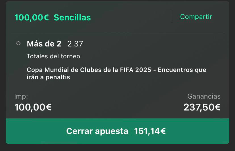 🔒 ¡Cerramos el pick y salimos con beneficios!

Sorprendentemente, ahora en DAZN pone que sí habrá prórrogas. En otros medios, como por ejemplo Europsport, pone que no habrá, pero las informaciones son contradictorias y nos fiamos más de DAZN, que es el canal que retransmitirá el