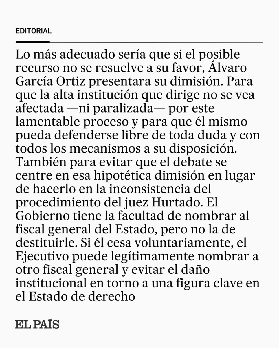 el_pais's tweet photo. Editorial | Dirigir la Fiscalía General del Estado y, a la vez, estar acusado en un proceso implica someter a una tensión desproporcionada a una institución sobre la que no debe proyectarse ni una sombra de duda. https://t.co/ENibg1dJIL https://t.co/hOmrGfTRXa