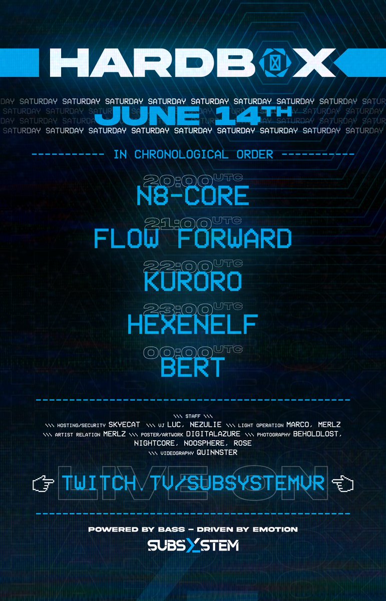 ./. Initializing Announcement...
&gt;_HARDBOX
&gt;_SAT JUN 14TH 2025 - 20:00 UTC

./. Loading Artists...
&gt;_N8-CORE
&gt;_FLOW FORWARD
&gt;_KURORO
&gt;_HEXENELF
&gt;_BERT

&gt;_WE. FORCE. YOU. TO. RAVE.