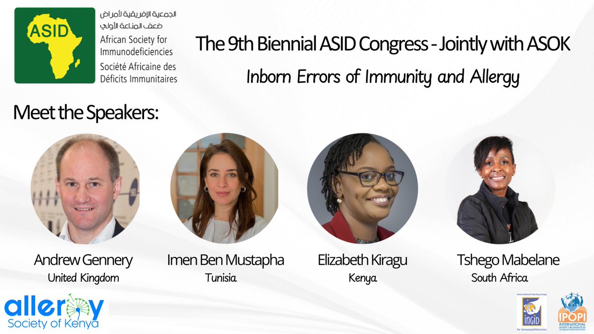 Unlock the link between #IEI &amp; #Allergies at #ASIDASOK2025! Hear from Prof. Gennery on Monogenic Atopic Disorders; Prof. Mustapha on Hyper IgE Syndromes; Dr. Kiragu &amp; Dr. Mabelane on Diagnosing PIDs/IEI &amp; Allergy in Africa. June 25-27, Nairobi. Website👉 events.allergysociety.or.ke