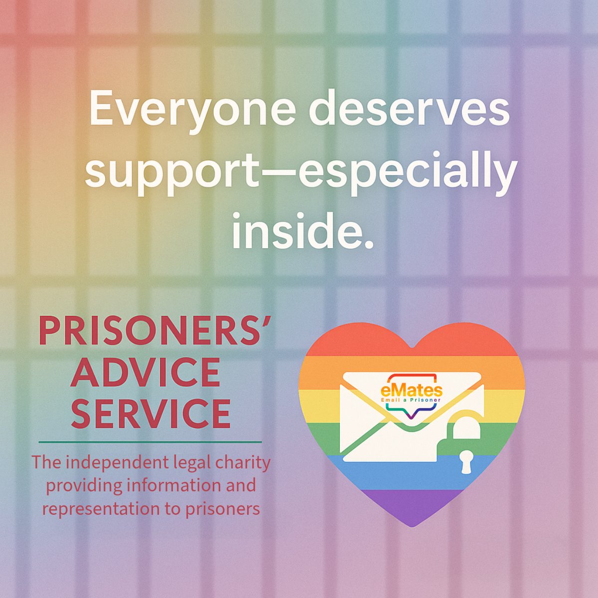 🌈 For #PrideMonth, our Charity Spotlight is on <a href="/PrisonersAdvice/">PAS</a> (PAS).

LGBTQIA+ people in prison face isolation &amp; discrimination—PAS offers free, confidential legal help across the UK.

🔗prisonersadvice.org.uk/information/pr…

#eMates #SupportInside #CharitySpotlight