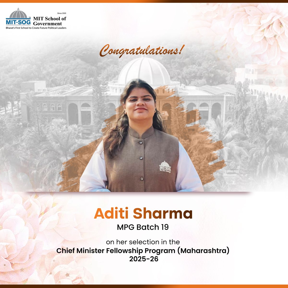 mit_sog's tweet photo. We’re proud to share that Aditi Sharma (MPG-19) from MIT School of Government (MIT SOG) has been selected for the prestigious Chief Minister Fellowship Program 2025–26, launched by the Government of Maharashtra.
#MITSOG #CMFellowship #Governance #Leadership #PolicyInAction https://t.co/UdtrKDZIXW