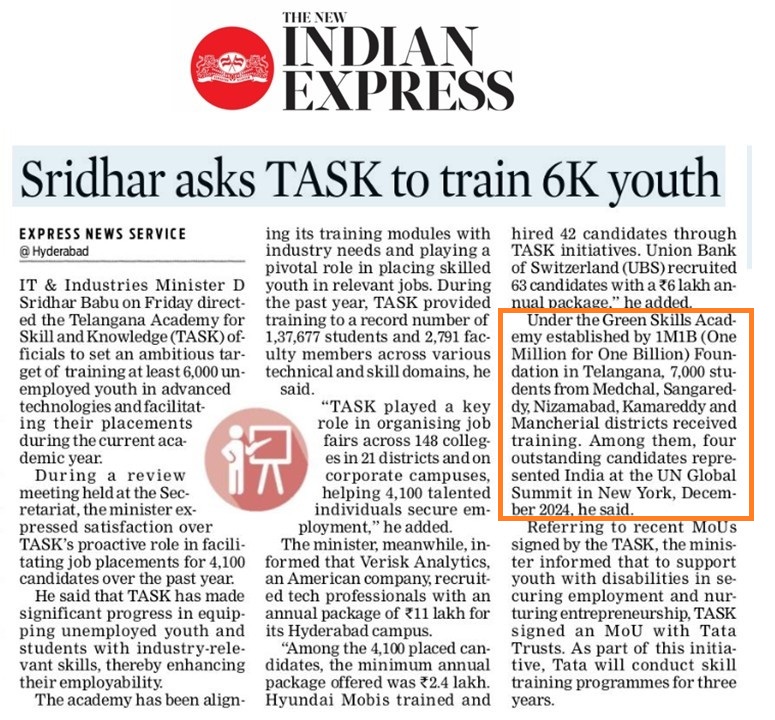 1M1B (@activate1m1b) on Twitter photo #1M1BinNews
Hon’ble Minister of IT, Telangana, Sridhar Babu <a href="/OffDSB/">Sridhar Babu Duddilla</a> acknowledged 1M1B’s Green Skills Academy for its impactful work in youth skilling! 🌱
He lauded 1M1B for training 7,000+ students across Telangana & enabling selected youth to present their green innovations at #1M1BinNews
Hon’ble Minister of IT, Telangana, Sridhar Babu <a href="/OffDSB/">Sridhar Babu Duddilla</a> acknowledged 1M1B’s Green Skills Academy for its impactful work in youth skilling! 🌱
He lauded 1M1B for training 7,000+ students across Telangana & enabling selected youth to present their green innovations at