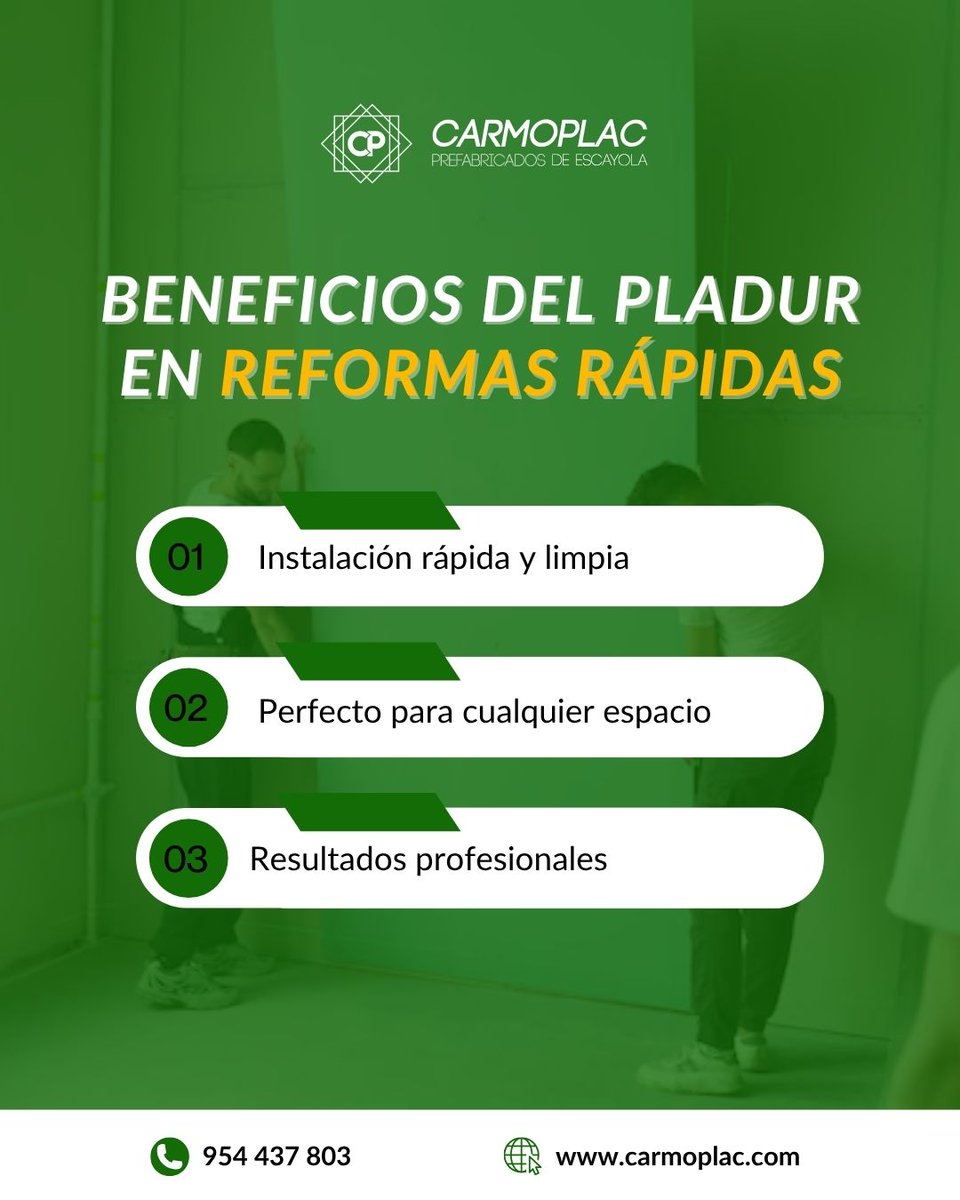 ¿Reformas sin líos ni esperas eternas? 🛠️

En Carmoplac apostamos por el pladur: rápido y con acabados top ✨

✅ Paredes y techos nuevos
✅ Mejor aislamiento
✅ Instalación express

📍 Sevilla: 954 437 803
📍 Carmona: 954 140 860

Escríbenos y empieza ya.

 #Pladur #Reforma