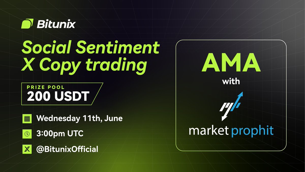 BitunixOfficial's tweet image. 🎙️ AMA ALERT
What happens when Social Sentiment meets Copy Trading?

Find out in our live AMA with @MarketProphit!
💰 200 USDT Bonus | 5 Lucky Winners
🗓️ Wednesday, June 11 | 3:00 PM UTC
📍 On X: @BitunixOfficial

Get ready to learn, engage, and win!
#CryptoAMA #Bitunixspaces