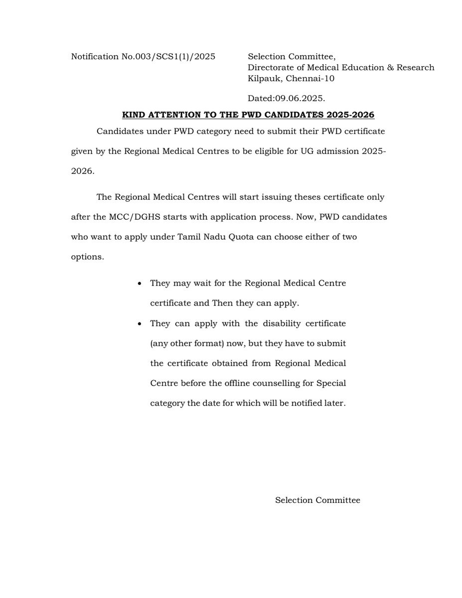 MRK_POLLACHI's tweet photo. #NEETUG2025
#TNSelectionCommittee
KIND ATTENTION TO THE #PWD CANDIDATES 2025-2026
⚠️ Regional Medical Centre Certificate https://t.co/hOgXIUwNpA