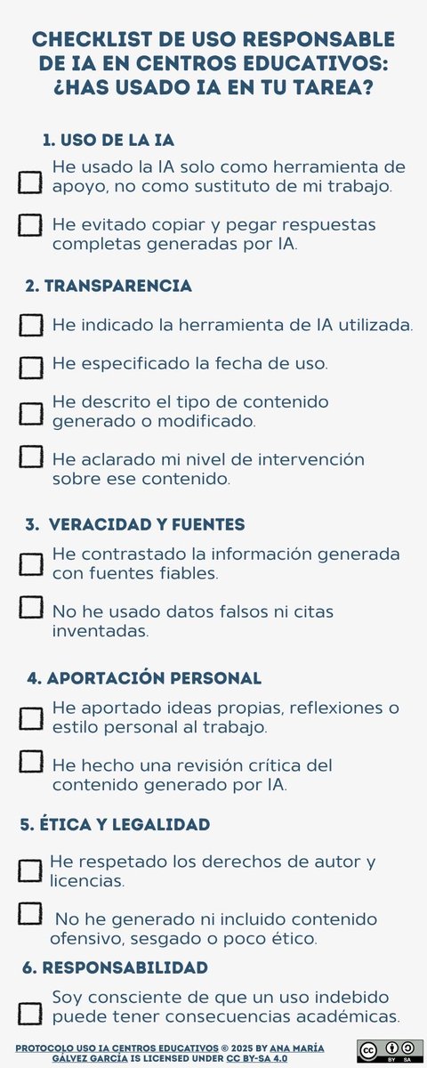 IES JuanCarlos I (@juancarlosiies) on Twitter photo 🤖📚 ¿Usas IA en tus trabajos?
El Dpto. de FOL y Economía del #IESJC1 lanza una guía visual + checklist para un uso responsable de la IA en proyectos educativos.
¡Consulta, aplica y mejora tu aprendizaje! 👇
#InteligenciaArtificial #EducaciónResponsable <a href="/CPRRegionMurcia/">CPR Región de Murcia</a> 🤖📚 ¿Usas IA en tus trabajos?
El Dpto. de FOL y Economía del #IESJC1 lanza una guía visual + checklist para un uso responsable de la IA en proyectos educativos.
¡Consulta, aplica y mejora tu aprendizaje! 👇
#InteligenciaArtificial #EducaciónResponsable <a href="/CPRRegionMurcia/">CPR Región de Murcia</a>