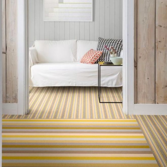 Super fresh carpet design with the sunshine stripes of our <a href="/AlternativeFlr/">Alternative Flooring</a> Margo Selby Stripe Sun design, available in three width styles so you can get extra creative with your carpet design...