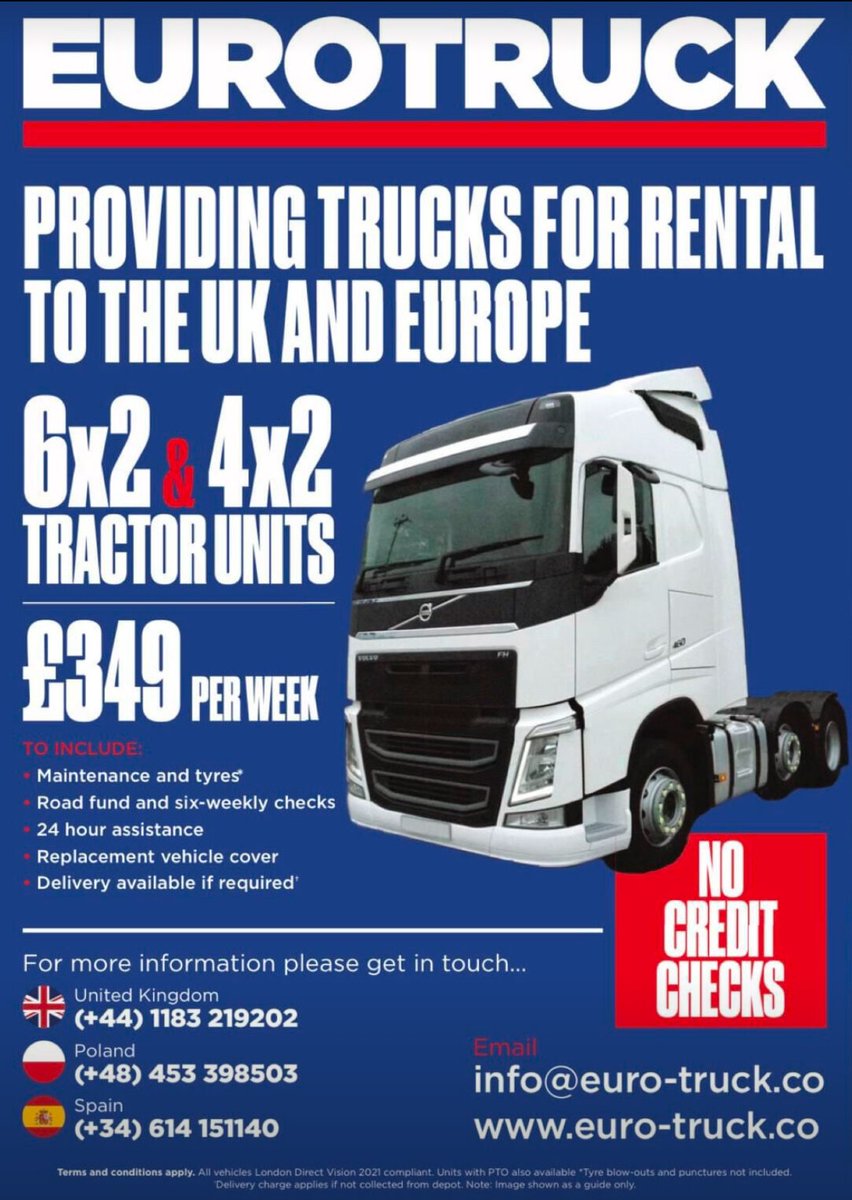 Commercial Motor (@comm_motor) on Twitter photo EUROTRUCK - providing trucks for rental to the UK and Europe.
• Maintenance and tyres
• Road fund and six weekly check
• 24 hour assistance
• Replacement vehicle cover
• Delivery available if required
📞 01183 219202
📧 info@euro-truck.co
🌐 euro-truck.co
#AD EUROTRUCK - providing trucks for rental to the UK and Europe.
• Maintenance and tyres
• Road fund and six weekly check
• 24 hour assistance
• Replacement vehicle cover
• Delivery available if required
📞 01183 219202
📧 info@euro-truck.co
🌐 euro-truck.co
#AD