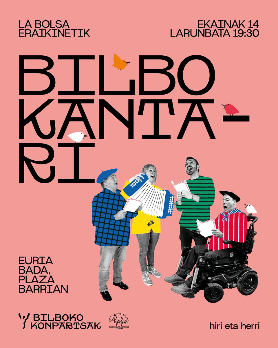 Bilbo Kantari! Etor zaitez abestera!

📍La Bolsa eraikinetik
(euria egitekotan, Plaza Barrian)
🗓 Ekainak 14
🕢 19:30