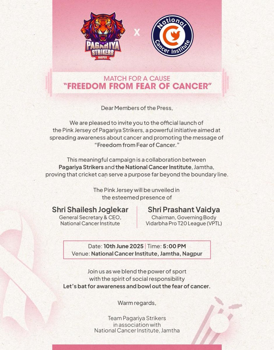 NCInagpur's tweet photo. Pagariya Strikers, Nagpur, and National Cancer Institute, Nagpur, collaborate for a cause.
#cancer #cricket #vidarbhaprot20 #Pagariya #ncinagpur https://t.co/UeF0Hm9s3n