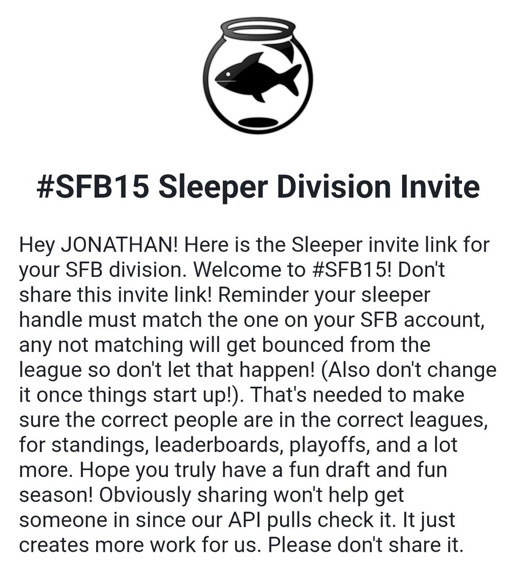 FPL Barts (Jon) (@fplbarts) on Twitter photo Let's go!
Got my first <a href="/ScottFish24/">Scott Fish</a> invite at the weekend and now my Sleeper invite too.
Great to support <a href="/FantasyCaresOrg/">Fantasy Cares #fantasycares</a>
#fantasycares
Thank you <a href="/nathandowie23/">nathan dowie</a>
for continuously putting my name forward
Up the Haas Racing Division
#SFB15 Let's go!
Got my first <a href="/ScottFish24/">Scott Fish</a> invite at the weekend and now my Sleeper invite too.
Great to support <a href="/FantasyCaresOrg/">Fantasy Cares #fantasycares</a>
#fantasycares
Thank you <a href="/nathandowie23/">nathan dowie</a>
for continuously putting my name forward
Up the Haas Racing Division
#SFB15