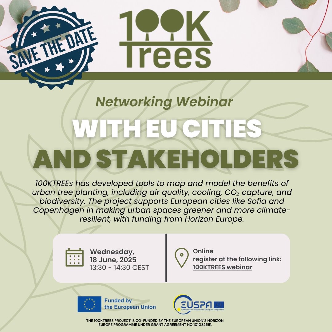 100KTREES (@100ktrees_eu) on Twitter photo 📅 Save the date!
On June 18th, the #100KTREEs project will host an exclusive webinar for EU #cities and #stakeholders in green #urban planning.
📅18th June 13:30 - 14:30 CEST
🖥️Online – registration is manadatory
🔗Link for registration: lnkd.in/d_TyWwhP
<a href="/EU4Space/">🇪🇺 EUSPA - EU Agency for the Space Programme</a> 📅 Save the date!
On June 18th, the #100KTREEs project will host an exclusive webinar for EU #cities and #stakeholders in green #urban planning.
📅18th June 13:30 - 14:30 CEST
🖥️Online – registration is manadatory
🔗Link for registration: lnkd.in/d_TyWwhP
<a href="/EU4Space/">🇪🇺 EUSPA - EU Agency for the Space Programme</a>