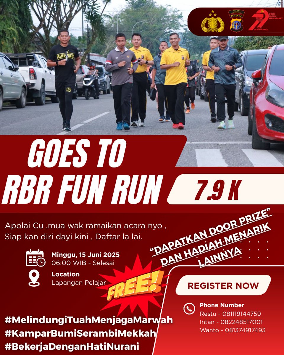 polsekkk24's tweet photo. Goos to RBR Fun Run.
Ayo ramaikan dan siapkan diri.

#melindungituahmenjagamarwah 
#kamparbumiserambimekah 
#bekerjadenganhatinurani https://t.co/LAJseT8WIR