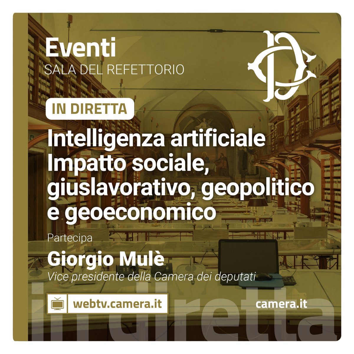 Montecitorio's tweet photo. Il convegno "Intelligenza artificiale - Impatto sociale, giuslavorativo, geopolitico e geoeconomico". Saluti del Vicepresidente della Camera, @giorgiomule. 

Segui la diretta: https://t.co/8QyDd26pZ1  
#OpenCamera https://t.co/EuVArJBbTq