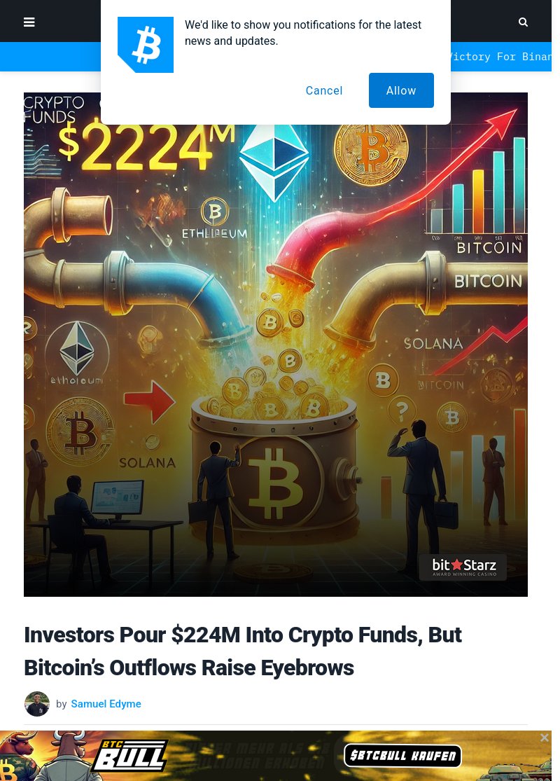 rayan_bibiloni's tweet photo. BREAKING NEWS :  $224M flows into crypto funds, while Bitcoins outflows raise concerns. https://t.co/7tVwDniuJH  #CryptoFunds #BitcoinOutflows #Investors" https://t.co/QrUACL8wsn
