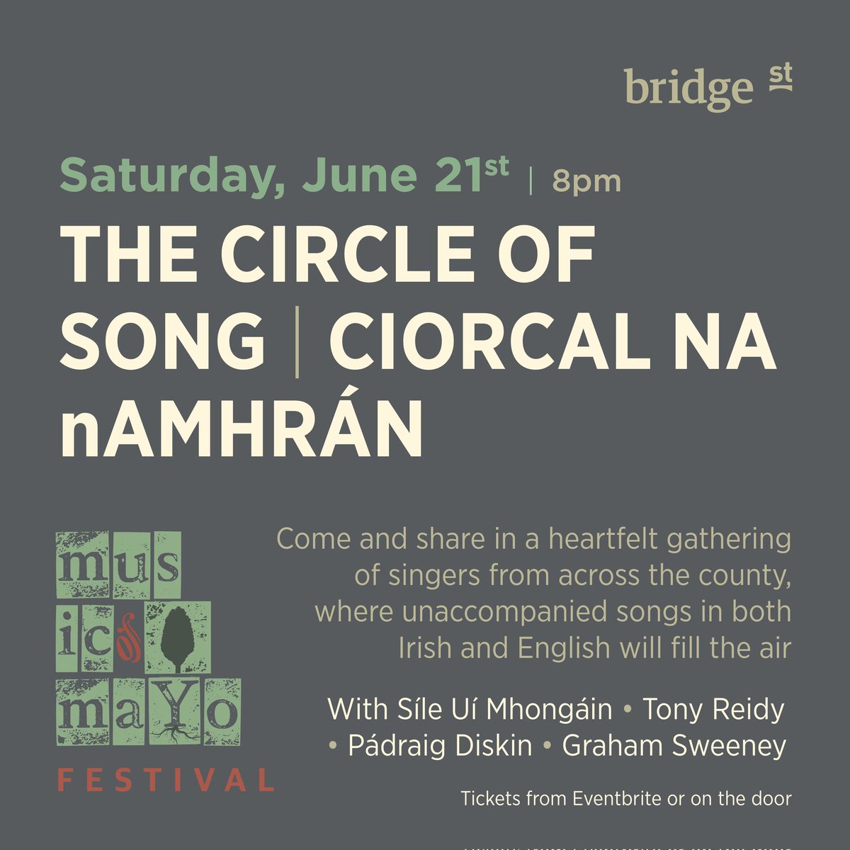 Music of Mayo (@musicofmayo) on Twitter photo musicofmayofestival2025.eventbrite.com/Saturday
The Circle of Song | Ciorcal na nAmhrĂĄn, hosted by renowned singer, SĂle UĂ MhongĂĄin, will deliver an intimate night of unaccompanied singing in Irish and English, featuring special guests SĂle UĂ MhongĂĄin, Tony Reidy, PĂĄdraig Diskin, and Graham Sweeney. musicofmayofestival2025.eventbrite.com/Saturday
The Circle of Song | Ciorcal na nAmhrĂĄn, hosted by renowned singer, SĂle UĂ MhongĂĄin, will deliver an intimate night of unaccompanied singing in Irish and English, featuring special guests SĂle UĂ MhongĂĄin, Tony Reidy, PĂĄdraig Diskin, and Graham Sweeney.