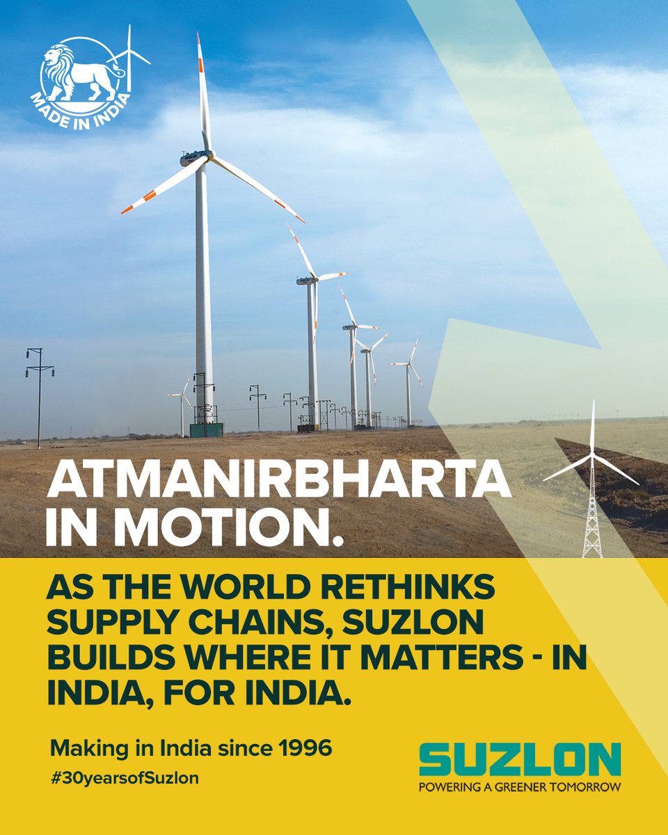 At Suzlon, every turbine crafted and challenge conquered fuels a larger purpose.​ As the world rethinks its supply chains, we continue building where it matters — in India, for India.​ Homegrown innovation, engineering pride, and renewable ambition — all moving in one direction.