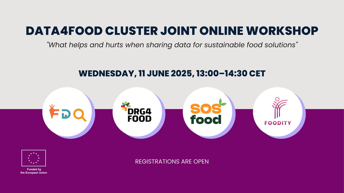 FOODITY (@foodity_eu) on Twitter photo Don't miss the 1st #Data4FoodCluster workshop on 11 June!
Join us to explore how data and AI can drive more sustainable food systems together with #DRG4Food, <a href="/FoodDataQuestEU/">FoodDataQuest Project EU</a>, and <a href="/SOSFoodProject/">SOSFood Project</a>.
🗓️ 11 June | ⏰ 13:00 CET | 💻 Online
Register now: foodity.eu/1st-data4food-… Don't miss the 1st #Data4FoodCluster workshop on 11 June!
Join us to explore how data and AI can drive more sustainable food systems together with #DRG4Food, <a href="/FoodDataQuestEU/">FoodDataQuest Project EU</a>, and <a href="/SOSFoodProject/">SOSFood Project</a>.
🗓️ 11 June | ⏰ 13:00 CET | 💻 Online
Register now: foodity.eu/1st-data4food-…
