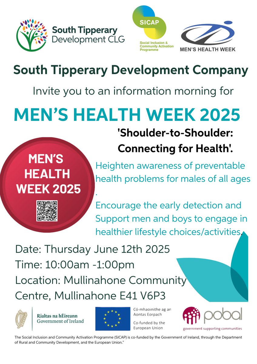 The South Tipperary Development Company are running  a Men's Health Week information morning on Thursday 12th June 10am-1pm in Mullinahone Community Centre (E41V6P3), with plenty of supports and health information for men. Pop in if you can