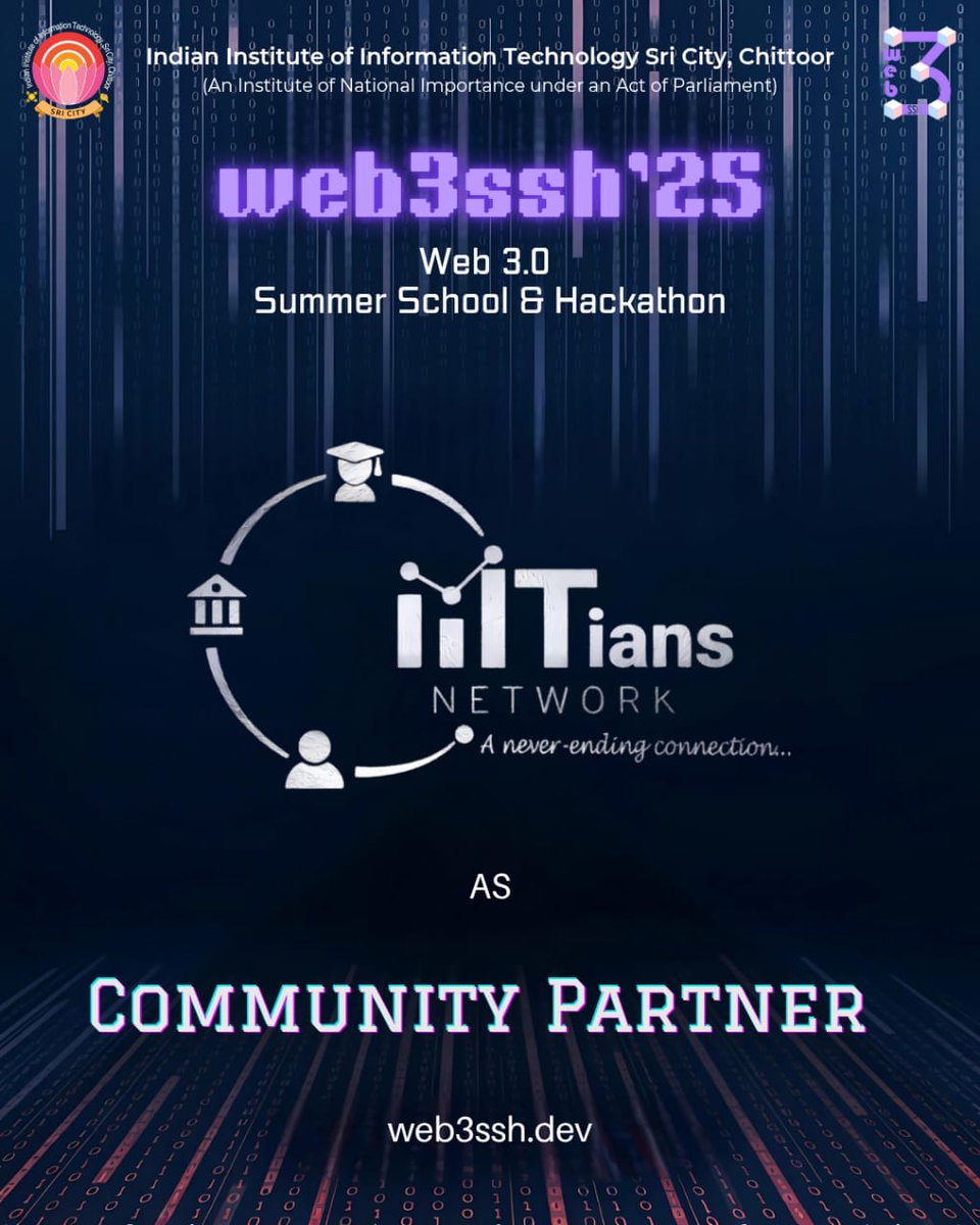 web3ssh's tweet photo. 🚀 Thrilled to welcome @iiitiansnetwork as our official Community Partner for #web3SSH2025!
Together, we’re building a stronger, more connected Web3 ecosystem.
Get ready for sessions, collabs &amp; innovation! 🌐✨
#Web3 #IIITiansNetwork #Innovation https://t.co/UhGDaYcSiq