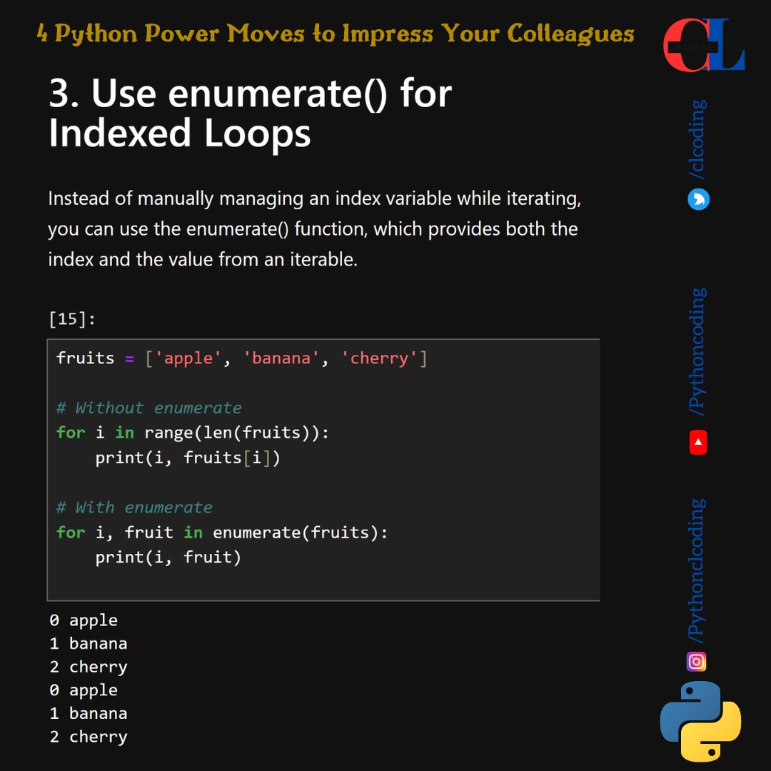 clcoding's tweet image. 4 Python Power Moves to Impress Your Colleagues