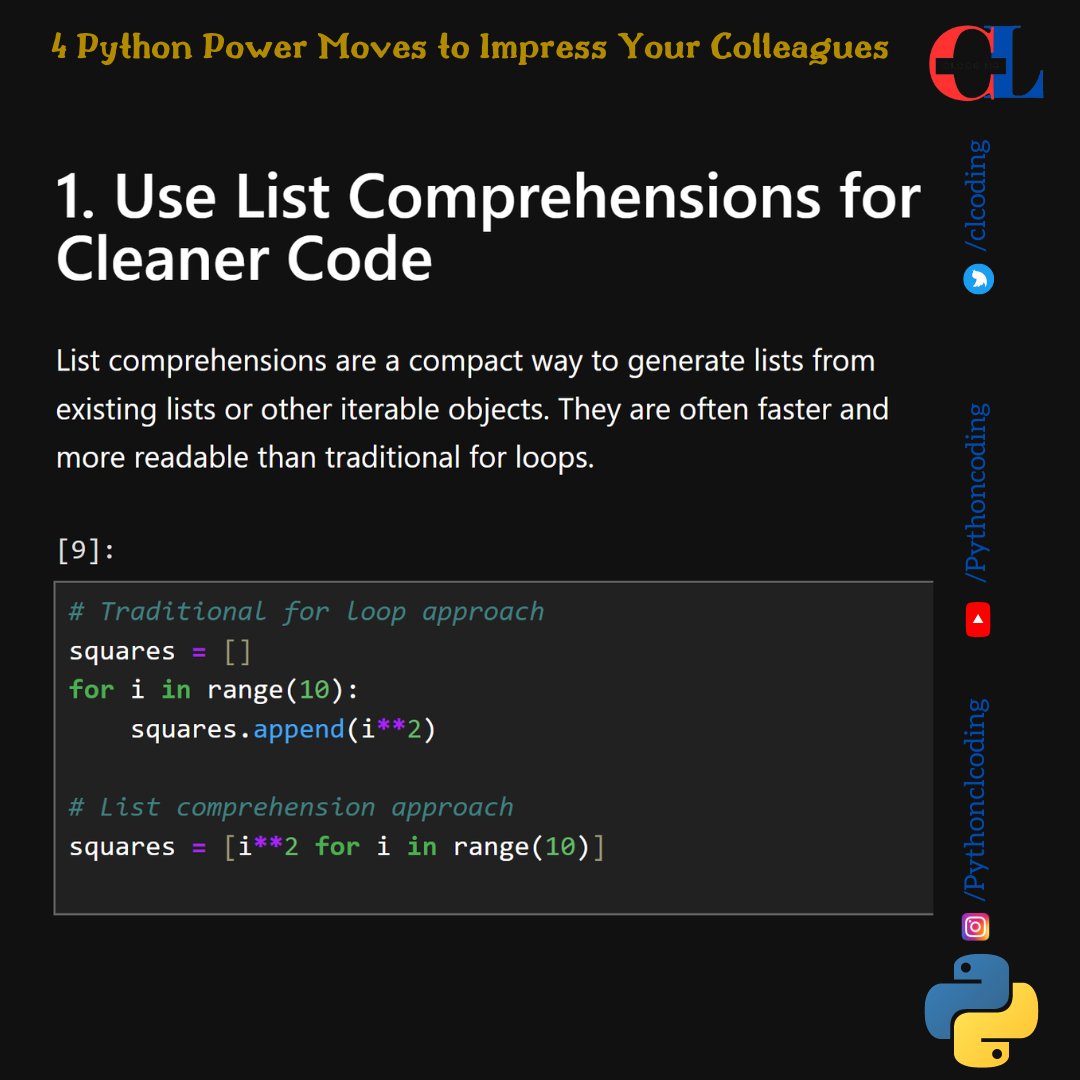 clcoding's tweet image. 4 Python Power Moves to Impress Your Colleagues