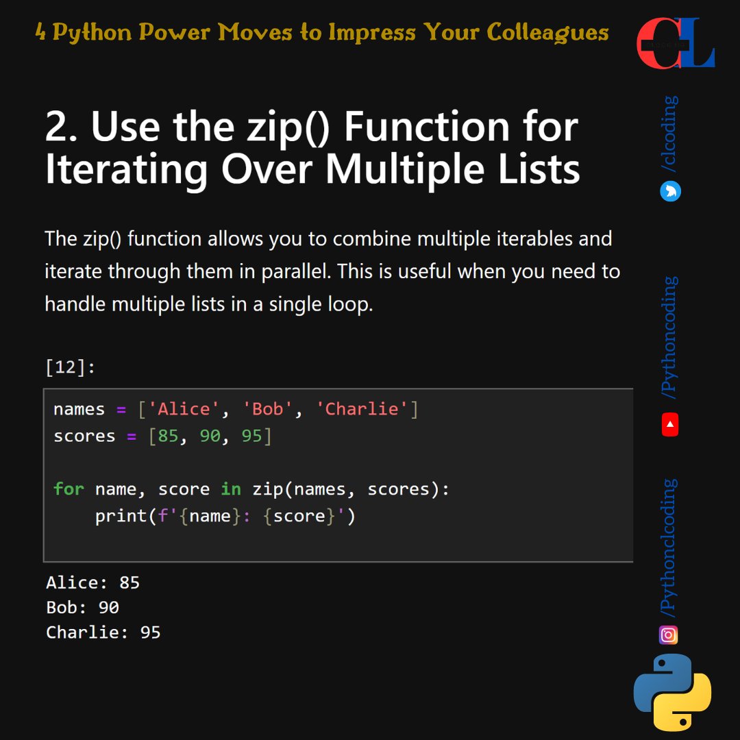 clcoding's tweet image. 4 Python Power Moves to Impress Your Colleagues