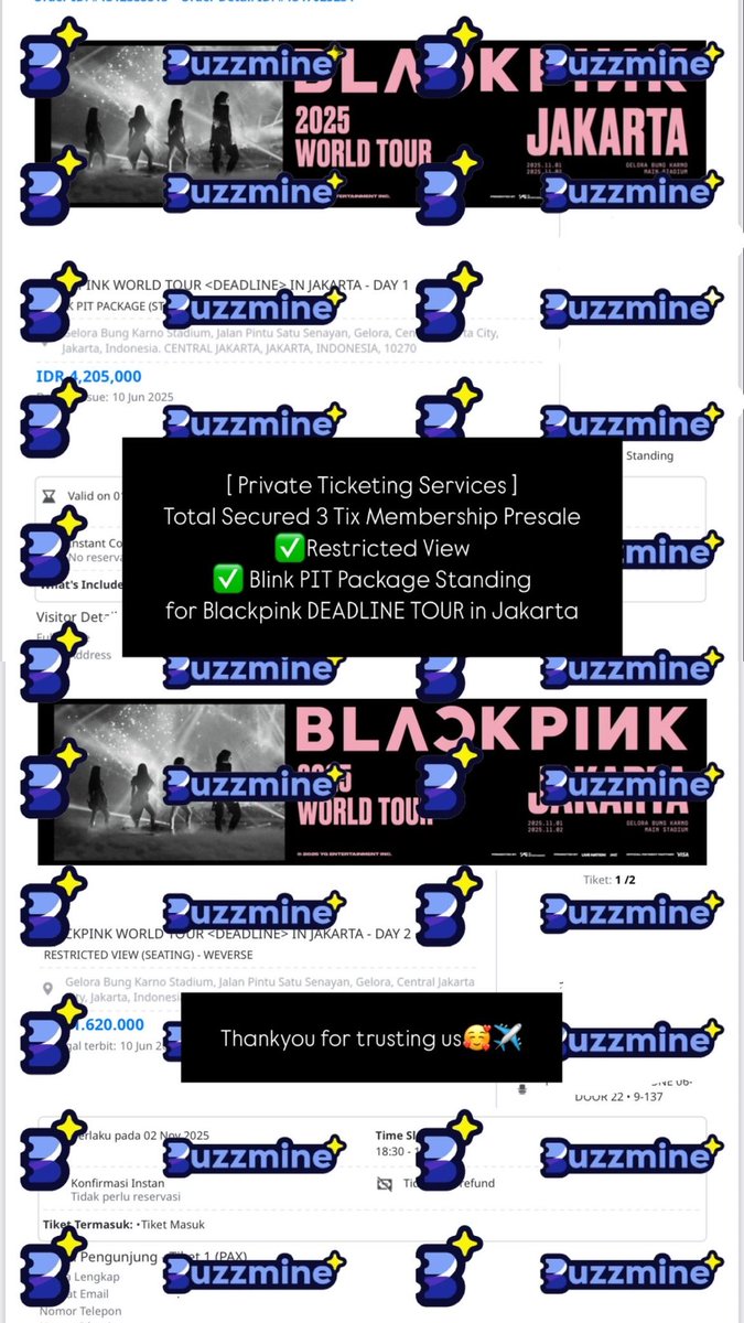 buzzmine_'s tweet photo. [ Testimonial Private Ticketing Services ] 

Secured 3 Tix Membership Presale
for BLACKPINK DEADLINE TOUR IN JAKARTA
✅ Blink Pit Standing Package
✅ Restricted View Category

#Buzzminetestimonial #BLACKPINK_WORLDTOUR2025 #BLACKPINK_JAKARTA https://t.co/MtnzWrz5gl